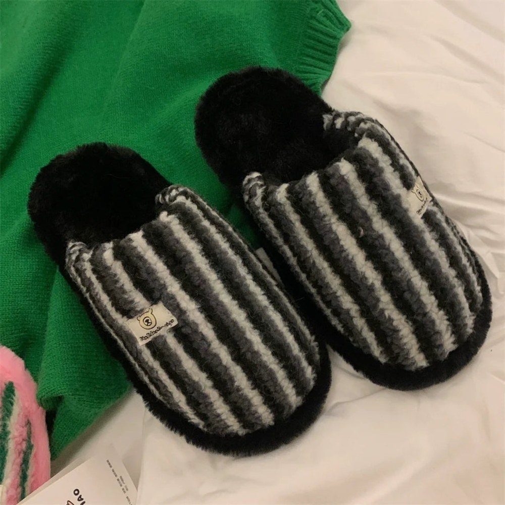 Men's Black & Gray Striped Plush Slip-On Loafers